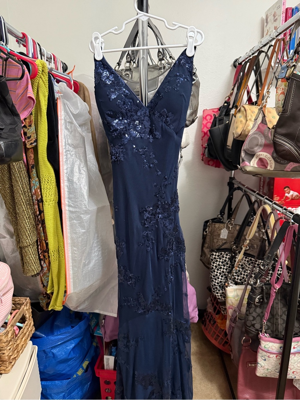 Lulus Navy Blue Sequin Mesh Lace-Up Corset Maxi Gown